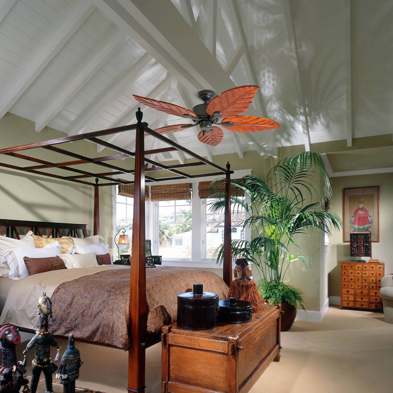 Prominence Home Willow View 52" Bronze Tropical Ceiling Fan with 5 Hand Carved Wood Blades, Pull Chain & Reverse Airflow