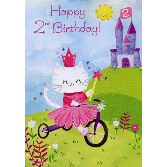 Designer Greetings Princess Kitten on Bicycle Age 2 / 2nd Birthday Card for Girl with Stickers