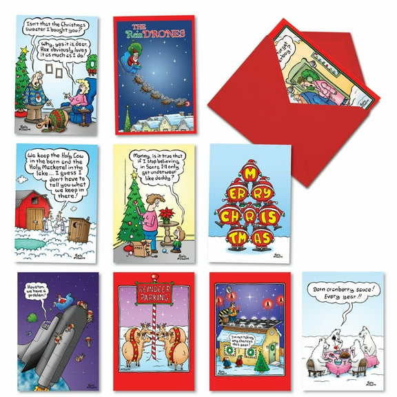 10 Assorted Set Funny Christmas Greeting Cards - Cards and Cranberries - Garrulous Noel Greetings with Various Themes