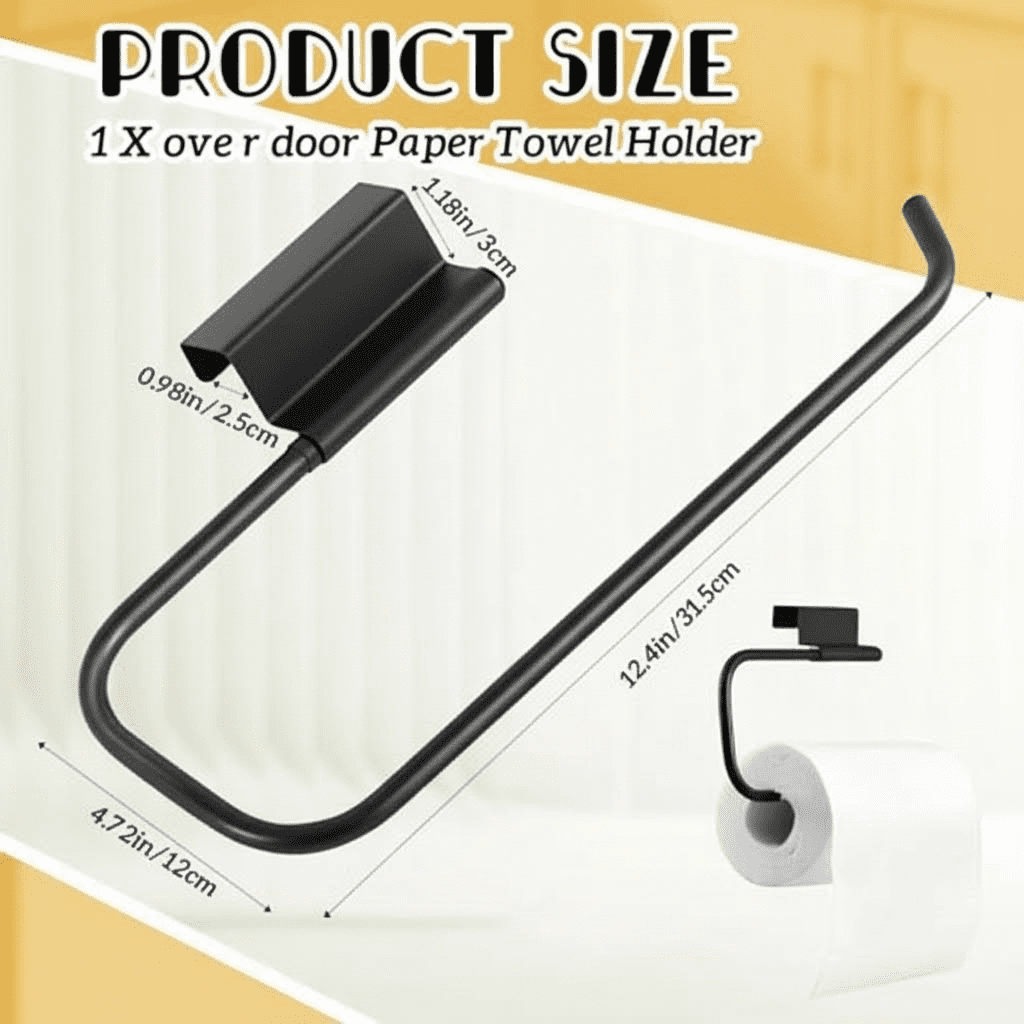 Stainless Steel Under Sink Paper Towel Holder and Dispenser for Kitchen, Bathroom, Laundry Room - 12.4 Inch Cabinet Door Mount, Space Saving Storage Solution (Black)