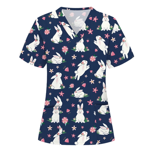 EGNMCR Chandails de Pâques pour Femmes Chandails pour Femmes Imprimé de Pâques Femmes Manches Courtes Col en V Hauts Blouse d'Uniforme de Travail T-Shirt pour Femmes