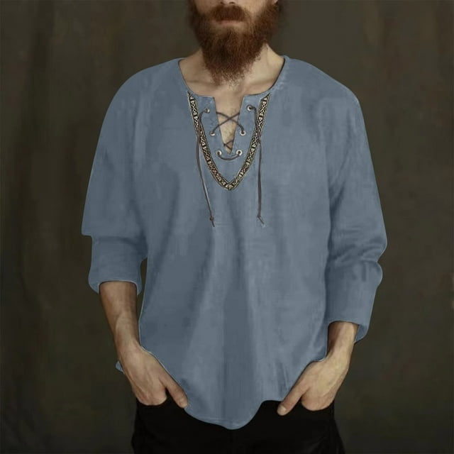 pstuiky camisa de manga larga para hombre, Camisa de lino holgada de manga larga con cordón y cuello en V para hombre, color liso Tops casuales para hombres l