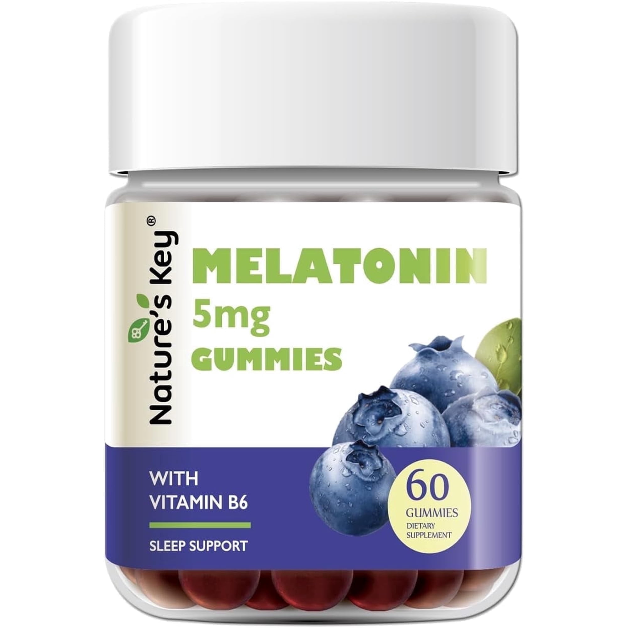 Nature's Key Sleep Support 5mg Melatonin Gummies Max Strength with Vitamin B6, Non-GMO,Gluten-Free-Natural Blueberry Flavor 60 Count