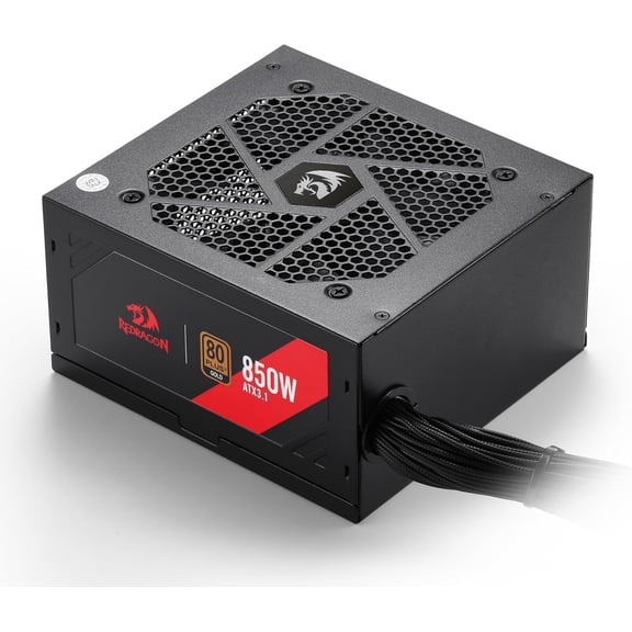Redragon RGMS-850W PRO 80+ Gold 850 Watt Power Supply w/ATX 3.1 & PCIe 5.1 Ready, Non-Modular Active PFC, Compact 150mm Size, 120mm Low Noise Fan, 100% Japanese Capacitors
