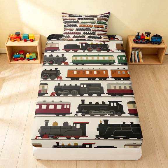 Erosebridal Train Twin Fitted Sheet, Railroad Bedding, Cream Pattern 2pcs 1 Fitted Sheet and 1 Pillowcase