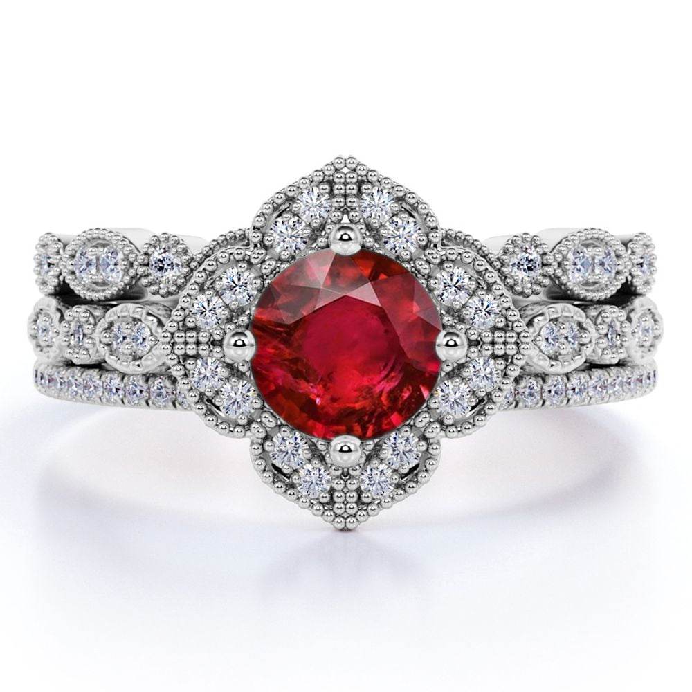 JeenMata 2.25 Carat Round Cut Sunset Pigeon Blood Lab Created Ruby Trio Set in 18k White Gold over Silver