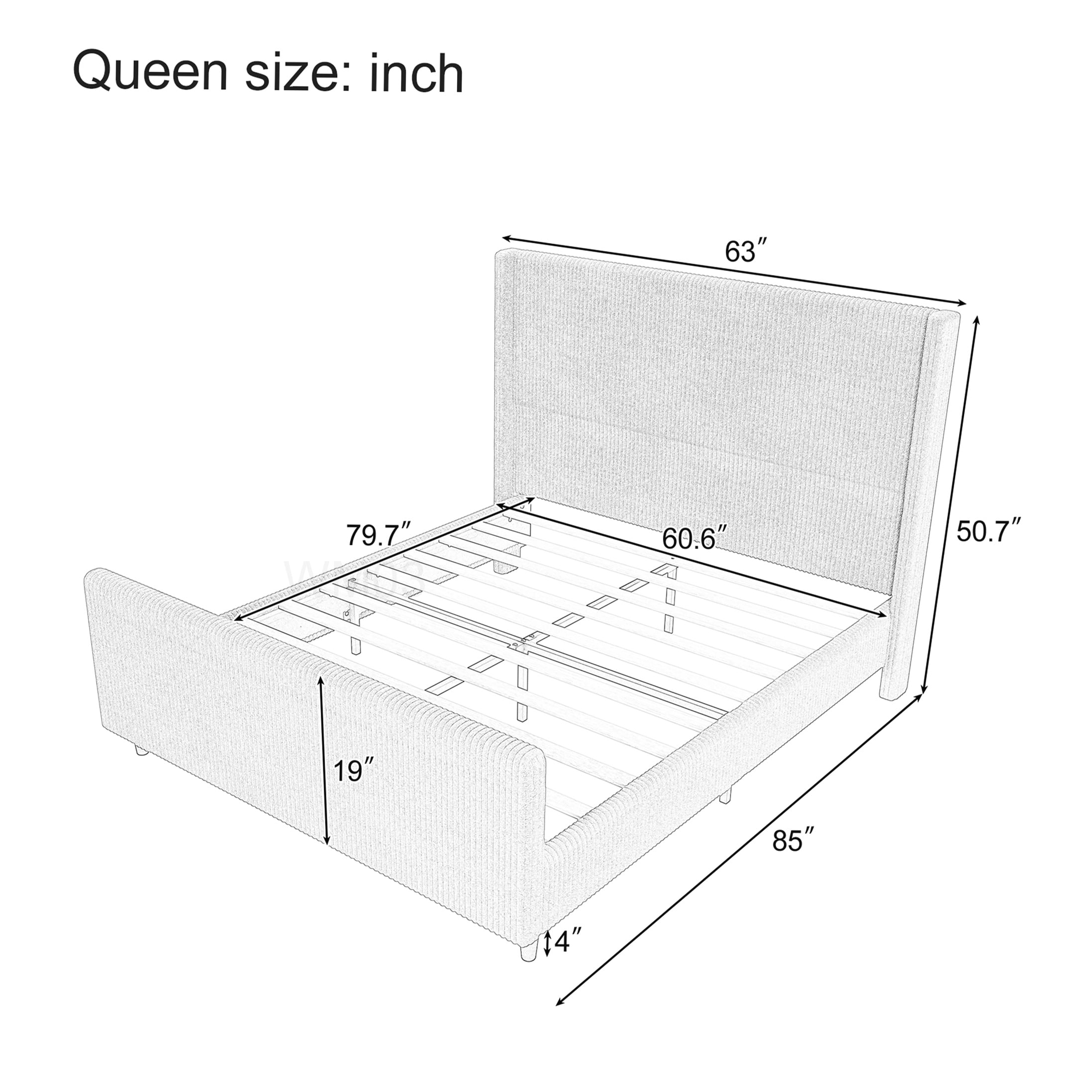 Modern Cream Corduroy Upholstered Queen Bed, Wingback Headboard Platform Frame with Storage Space