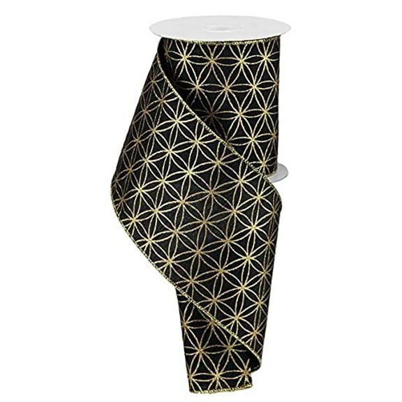 Christmas Seamless Stars on Faux Dupioni Canvas Wired Edge Ribbon - 10 Yards (Black, Light Gold, 4in), 4 Inches x 10 Yards (30 Feet)