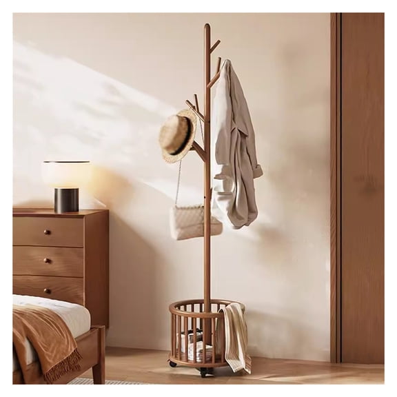 Coat Rack Solid Wood Coat Stand with Mobile Wheel,Entryway Coat Hanger Stand with Storage Basket,Floor Standing Tree Stand Coat Hall Tree Hats Hanger