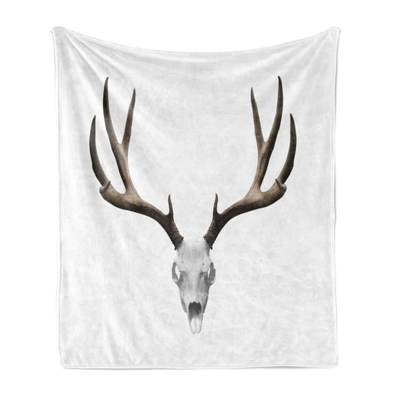 Antlers Soft Flannel Fleece Throw Blanket, Deer Skull Skeleton Head Bone Halloween Weathered Hunter Theme Motif, Cozy Plush for Indoor and Outdoor Use, 50" x 60", Warm Taupe Pale Grey, by Ambesonne
