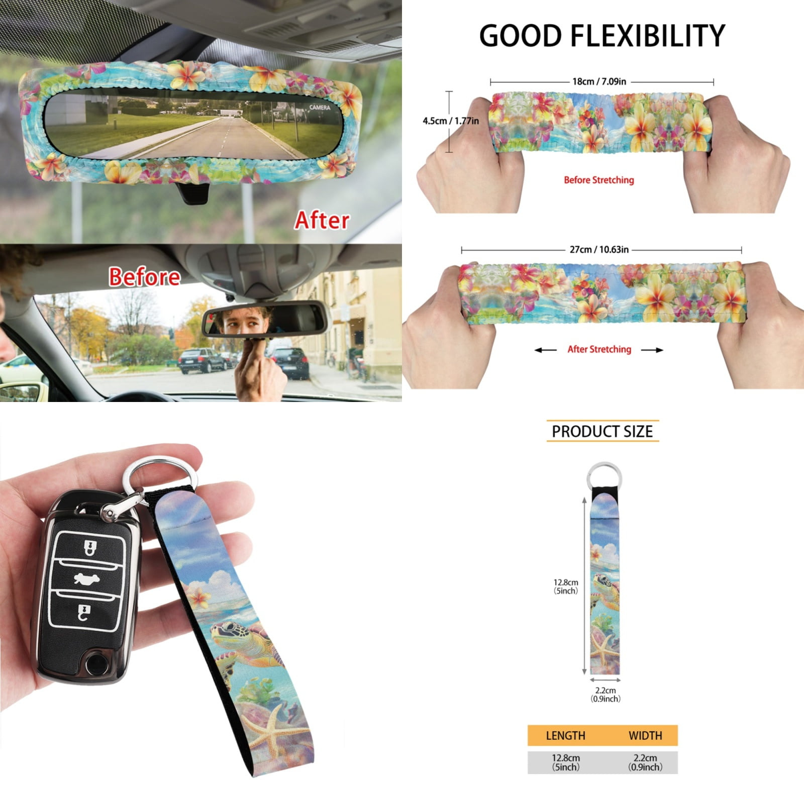 Renewold Sea Turtle Plumeria Starfish Car Front Seat Covers Set 12 Pack, with Steering Wheel Rear View Mirror Cover Seat Belt Pads Armrest Prorector Trash Bin Sunglass Pocket Coasters Key Chain