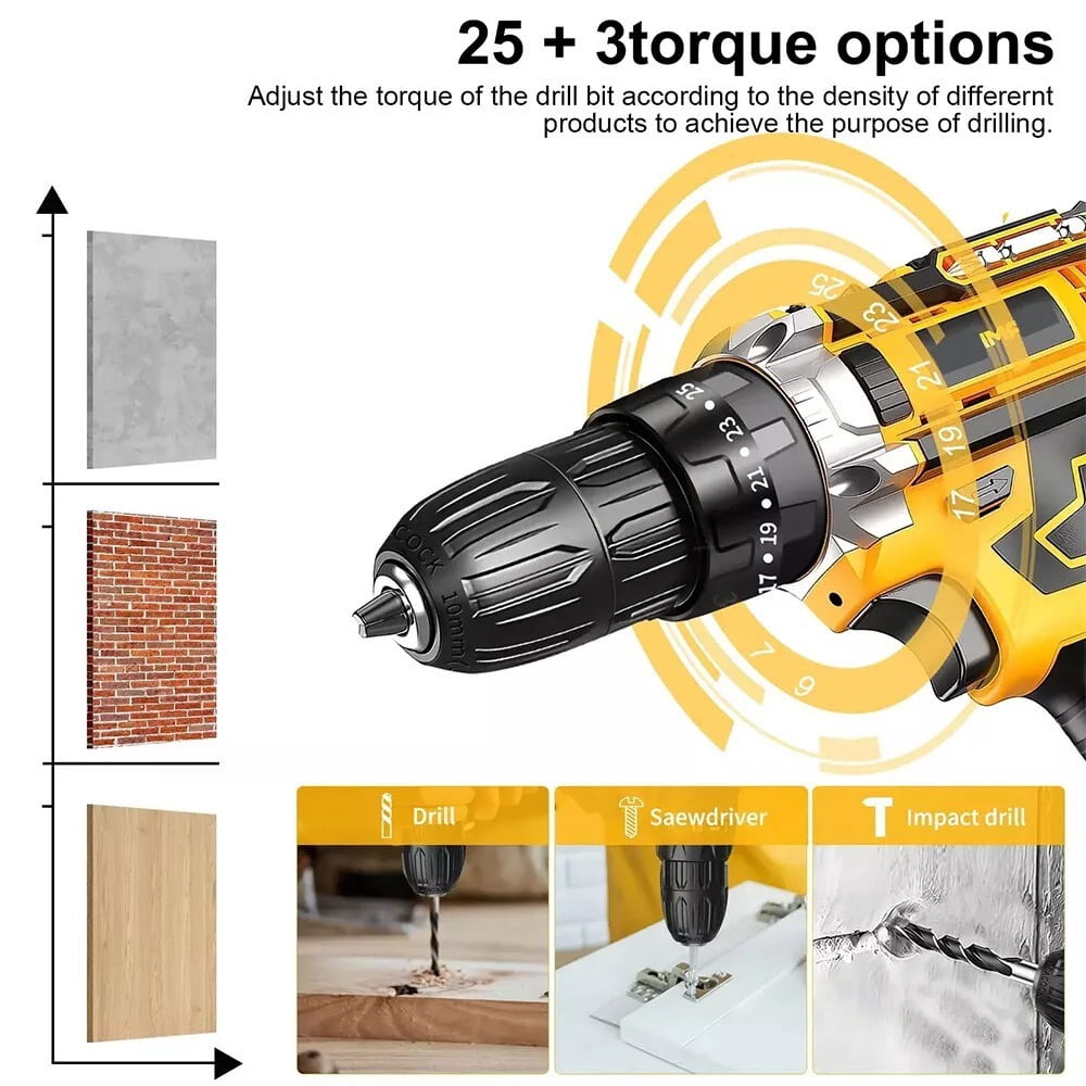 21V Cordless Hammer Drill Set Electric Impact Driver Screwdriver with 2 Battery for Home, Garden, DIY & Workshop