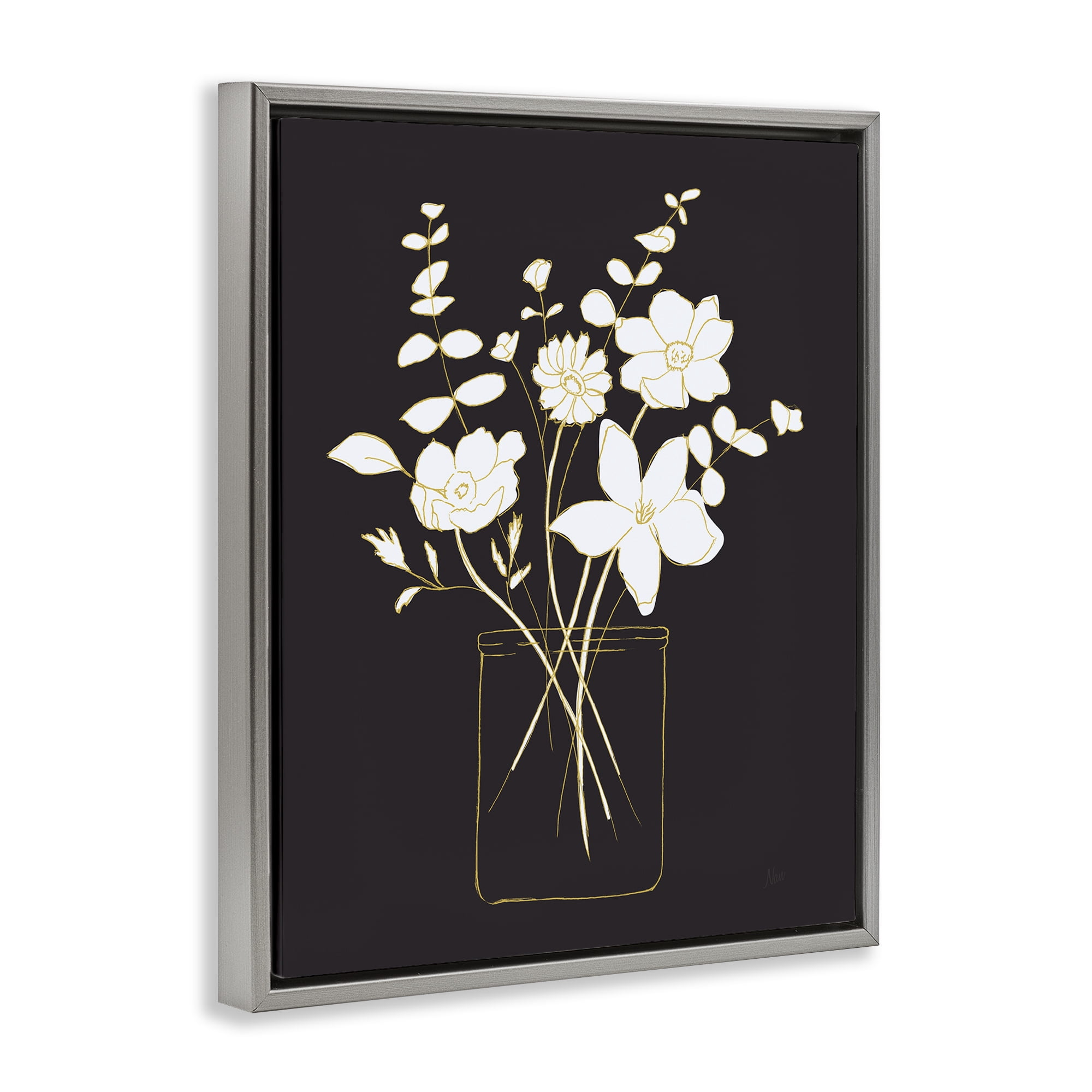 Stupell Industries Classy White Flowers Botanical & Floral Painting Gray Floater Framed Art Print Wall Art, 25 x 31