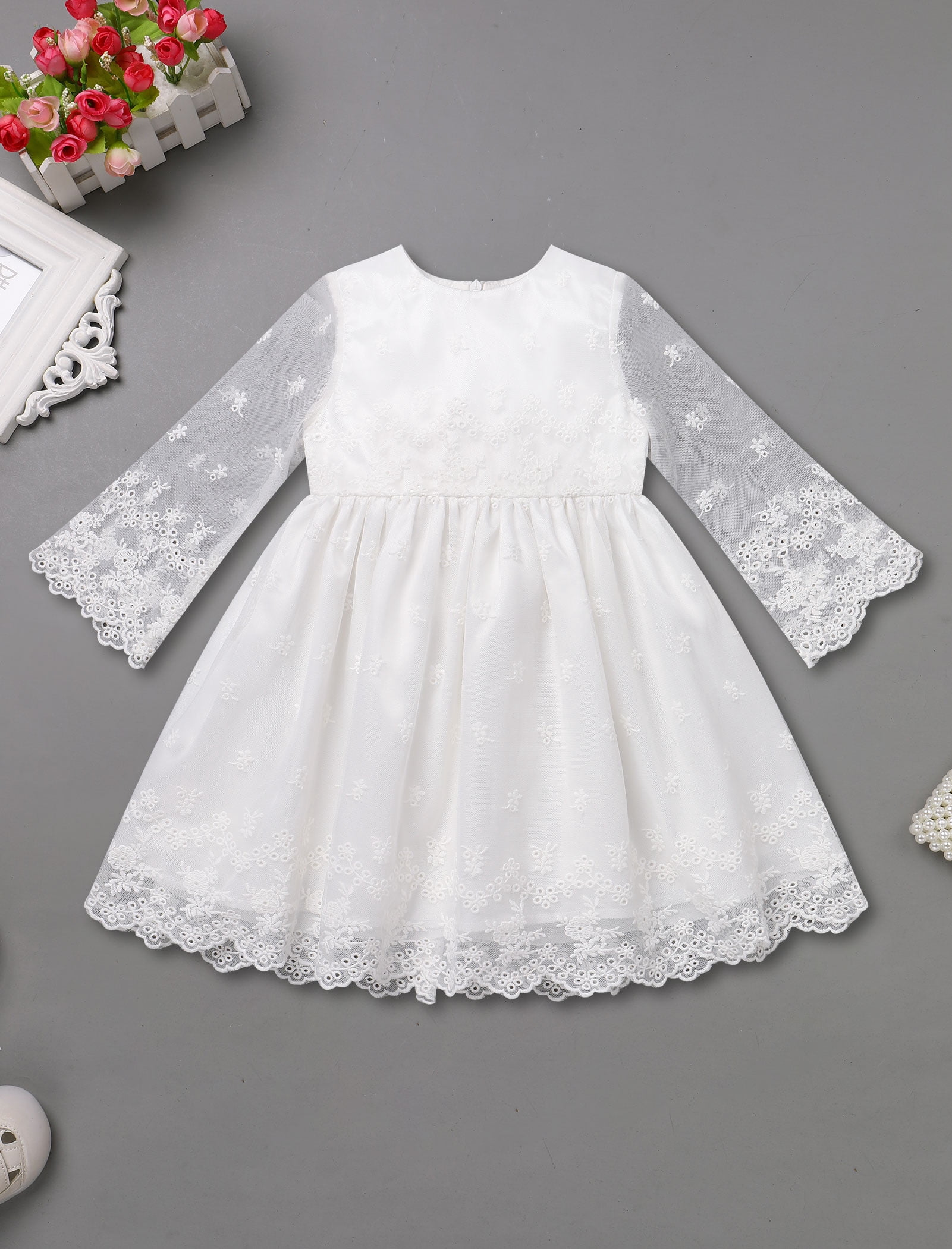 FYMNSI Baby Christening Dress White Baptism Gowns for Girl Infant Lace Long Sleeve Tulle Outfits 9-12 Months