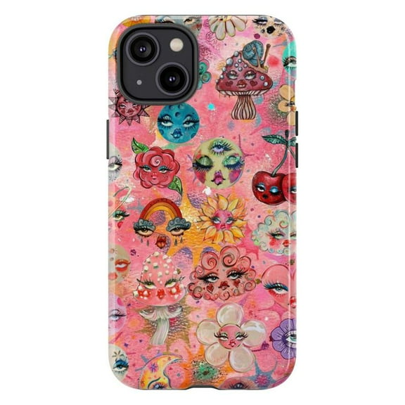 Bright Whimsical Faces Pattern Phone Case – Cute Fruit, Flower & Mushroom Art for iPhone 16 15 14 13 12 11 Pro Max Mini Cover