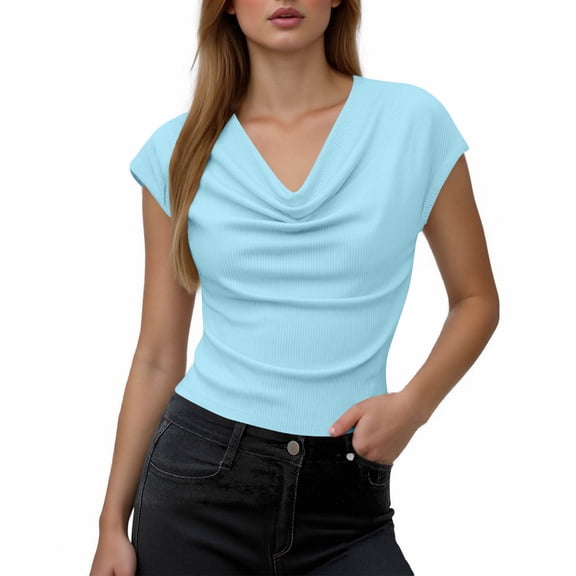 YUGYXL Womens Fashion Cowl Neck Top for Women Dressy Short Sleeve Shirt Summer Top Casual Ladies Top Blouses Light Blue L