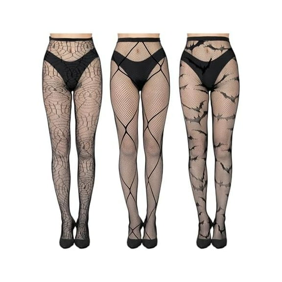 ZC3 Packs Halloween Pattern Tights for Women Black Lace Tights Fishnet Stockings Gothic Party Hosiery