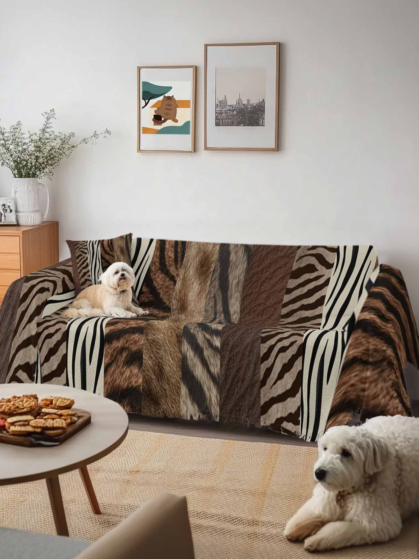 Animals Printed Striped Couch Cover, Rustic Country Zebra Textured Oversized Sofa Cover Blanket for 3 Cushion Couch, Sectional Sofa Slipcover Furniture Protector for Living Room Bedroom 71''x150''