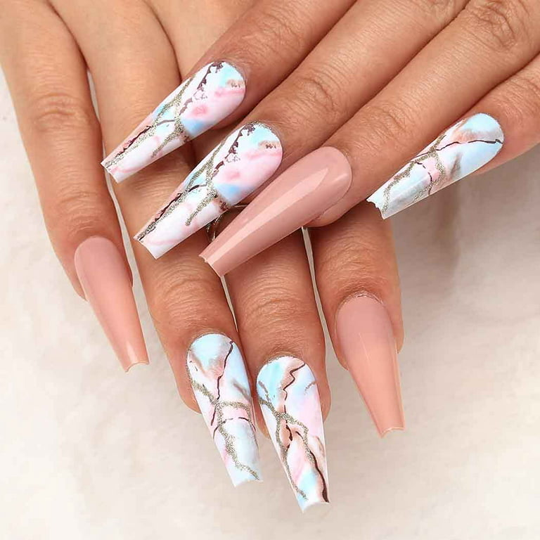 Mint Green and Nude Marble Hand-painted Press on Nails 