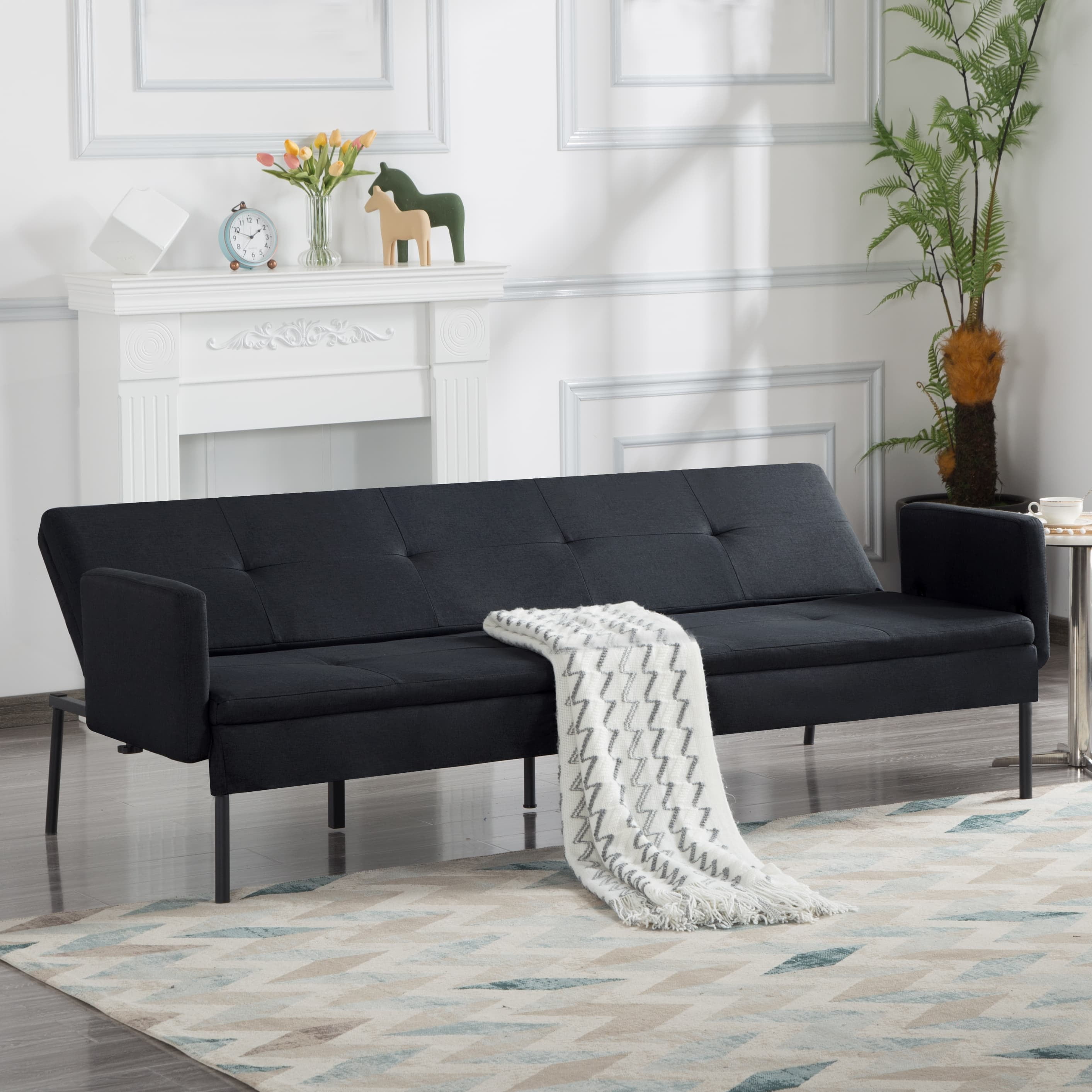 BSHTI 74.8" Futon Sofa Bed, Twin Size, 5-Position Adjustable Folding Convertible Sleeper,Polyester Upholstery, All-Iron Frame, Black