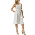 thumbnail image 4 of Vestido de lino sin mangas para mujer Inspire Chic, con escote en V, cinturón en la cintura, corte A, vestido de verano con bolsillos, color beige, 4 of 6