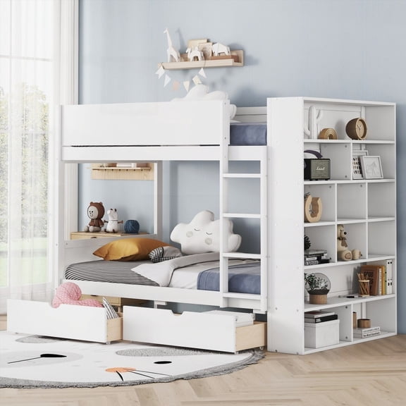 Twin over Twin Bunk Bed with 2 Drawers & Cabinet - White, Safe & Spacious for Families