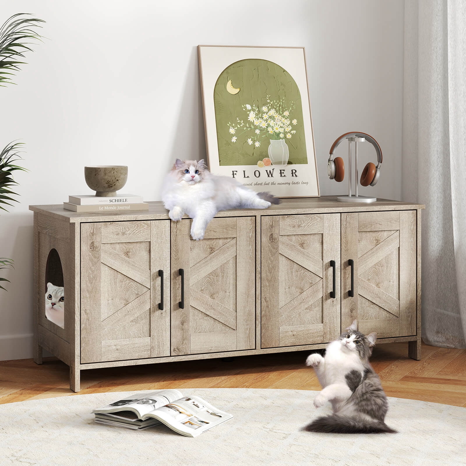 Infans Cat Litter Box Enclosure for 2 Cats w/ Double Rooms Wooden Cat Washroom Cabinet