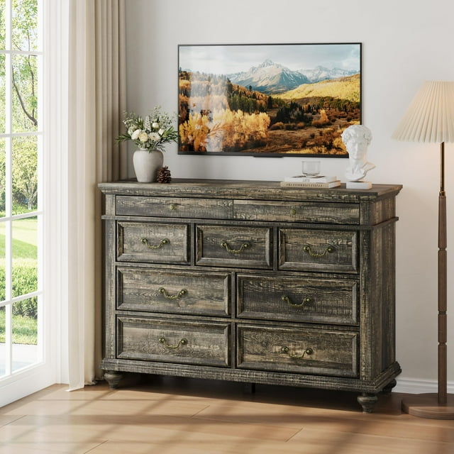Commode Style Ferme Yiwa, 47 Pouces de Large, Commode à 9 Tiroirs, Rangement en Bois pour Chambre Ou Salon, Grand Espace et Design Rustique