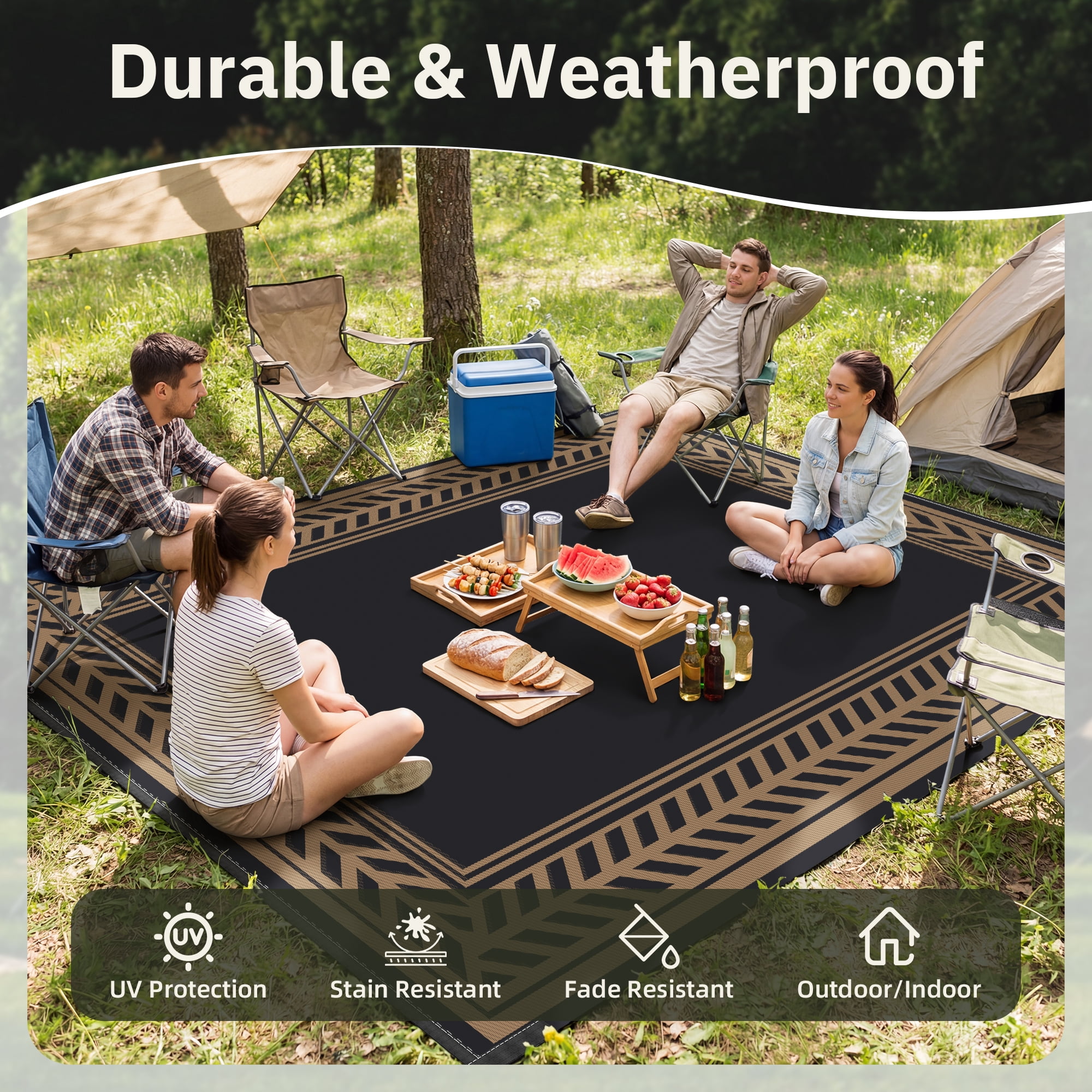 SIXHOME Outdoor Rug 5'x8' Waterproof Reversible Patio Rug Boho Geometric Indoor Outdoor Rugs Lightweight Plastic Straw Ourdoor Carpet for RV Camping Deck Balcony Modern Porch Decor Black and Brown