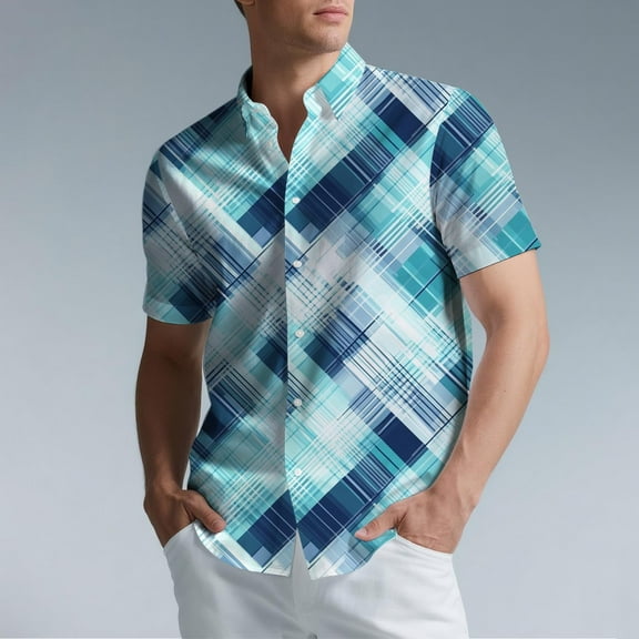 Handshe Mens Button Up Shirts Short Sleeve Plaid Printed Lapel Dress Shirt Vintage Classic Bowling T-Shirts