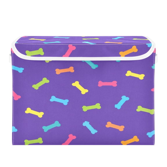 40L Lidded Home Storage Bins Foldable Storage Box with Handle for Home Bedroom Closet, Purple Bones Printed