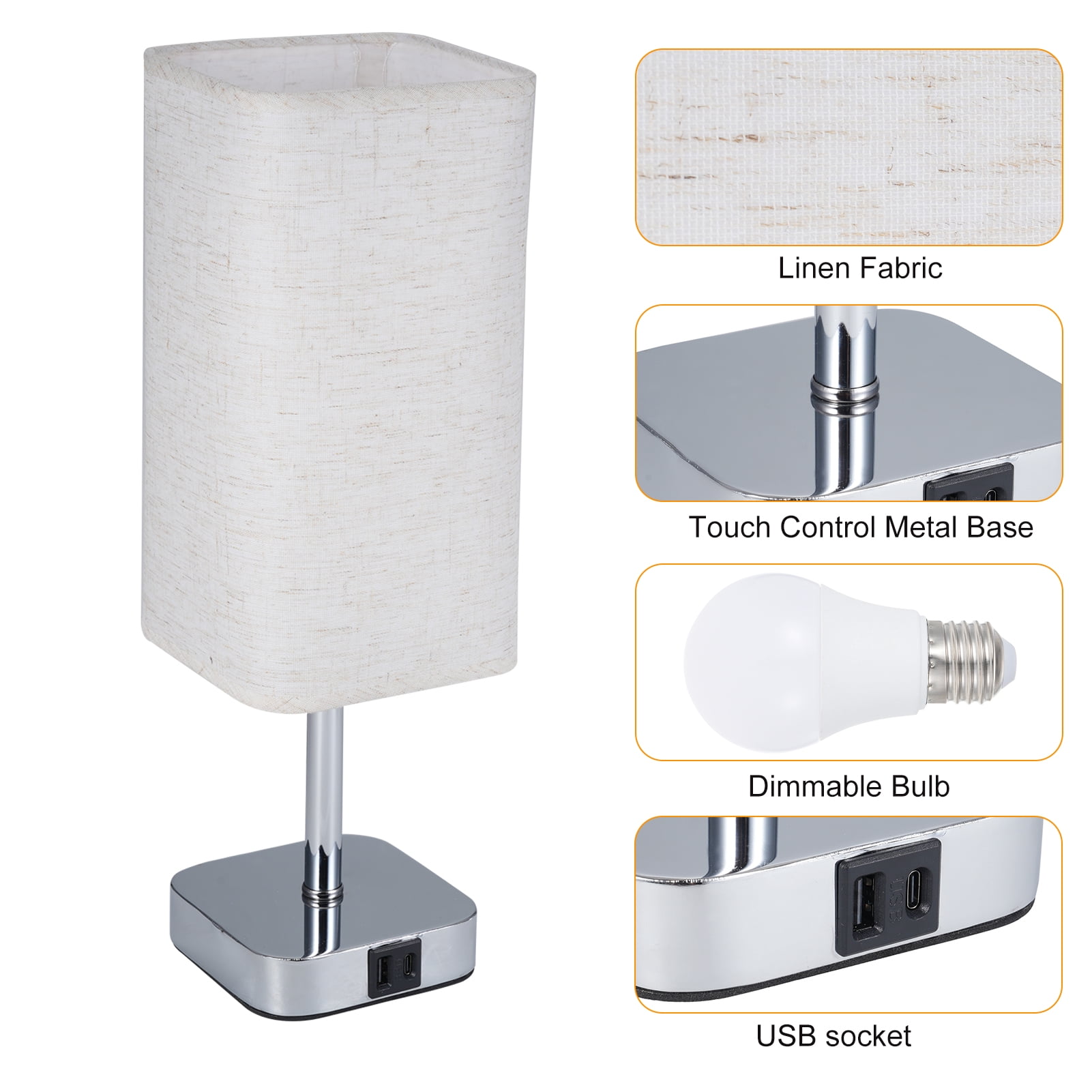 2 Pack Bedside Table Lamp, Touch Control Nightstand Lamp with USB A+C Charging Ports, 3-Way Dimmable lamps with Linen Fabric Shade for Bedroom Living Room