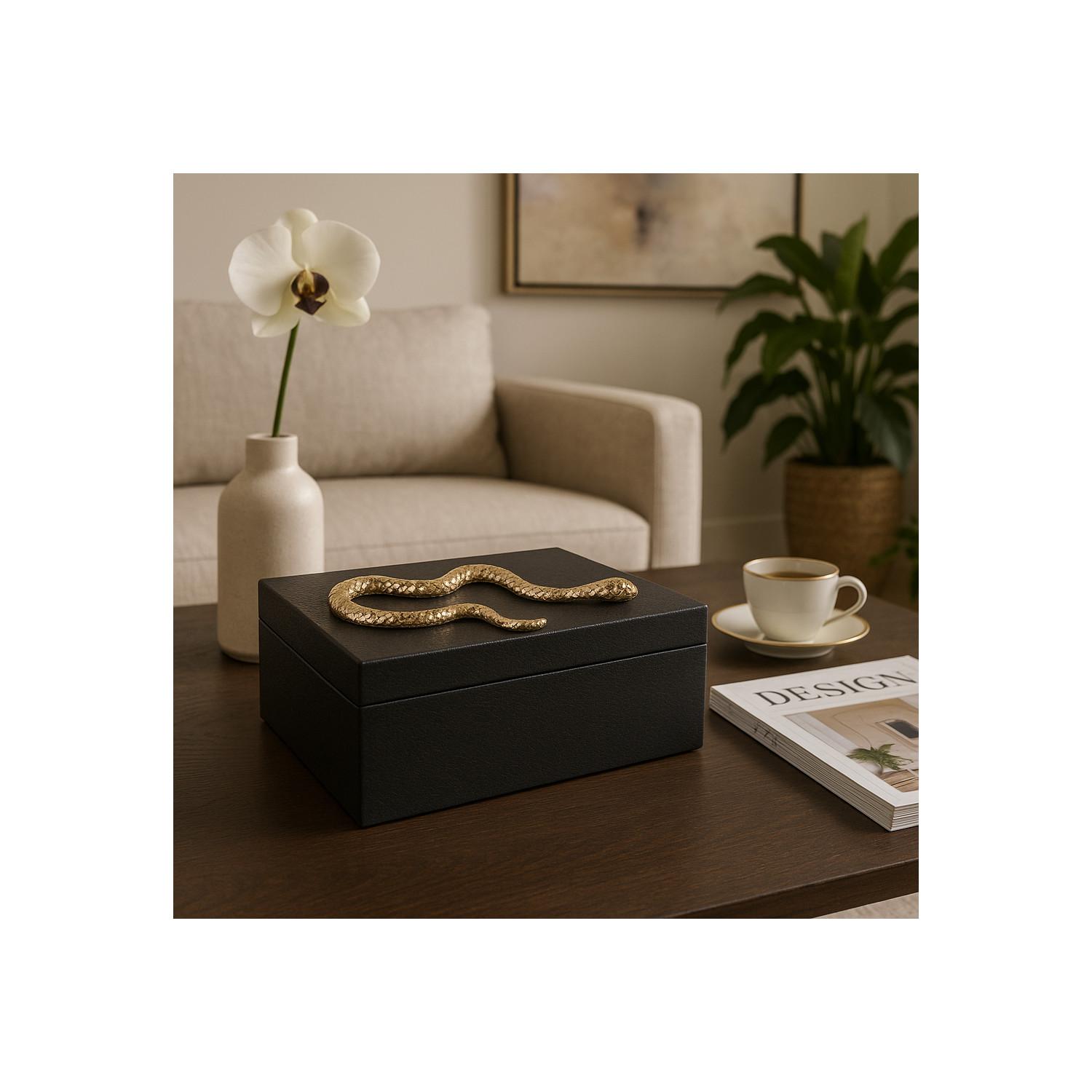 Faux Leather Decorative Box with Snake Accent for Home Decor - Modern Decor Box and Jewelry Keepsake with Lid for Bedroom Vanity - Storage Organizer for Bathroom Counter - 5", Black & Gold