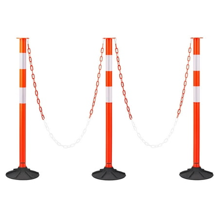 VEVOR 3 Pack Traffic Delineator Posts, 34 in Traffic Safety Cones with Weighted Base, Reflective Strips and Chain, Heavy Duty Delineator Posts for Construction Site, Parking Lot, Crowd Control, Red