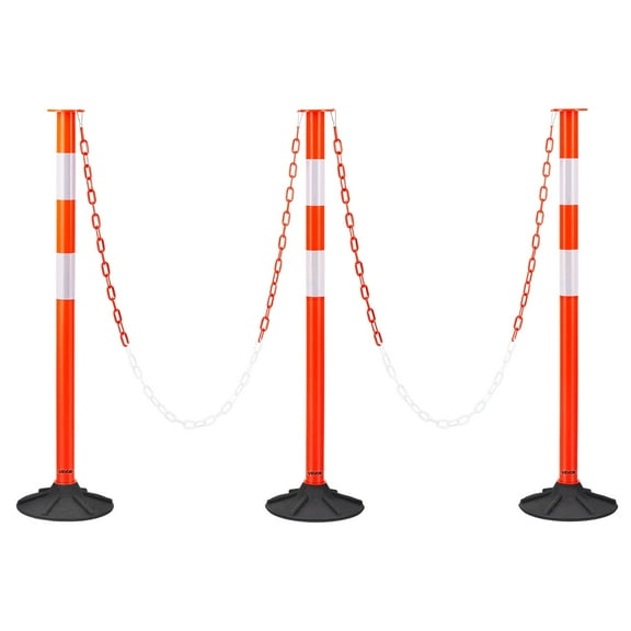VEVOR 3 Pack Traffic Delineator Posts, 34 in Traffic Safety Cones with Weighted Base, Reflective Strips and Chain, Heavy Duty Delineator Posts for Construction Site, Parking Lot, Crowd Control, Red