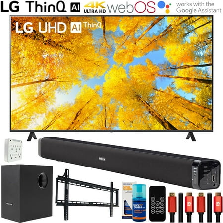 LG UQ7590PUB 70 Inch HDR 4K UHD Smart TV Bundle with Deco Gear Home Theater Soundbar with Subwoofer, Wall Mount Accessory Kit, 6FT 4K HDMI 2.0 Cables and More