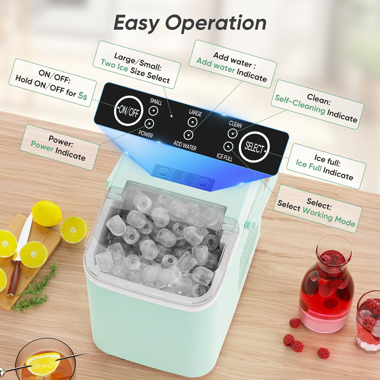 Portable Ice Maker with Handle, 26lbs/24H Compact Ice Machine, 9 Bullet Ice Cubes Ready in 6 Minutes, Self-Cleaning, Quiet for Home Kitchen RV Camping, Pink