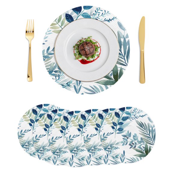 Round Placemats Blue Leaves 15 inch Set of 6 Table Mats for Dining Table Spring Watercolor Green Botanical Branches Heat Resistant Non-Slip Kitchen & Home Decorative Place Mat Set