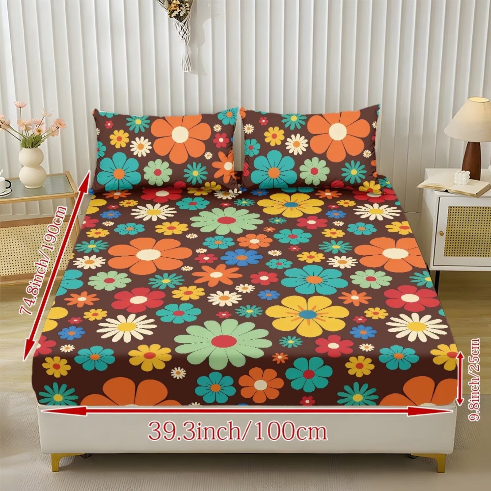 ZIATUBLES 3-Piece Twin Sheet Set, Brown Hippie Daisy Floral Print Cooling Sheets, Soft Cozy 9.8" Standard Pocket Twin Sheets with Pillowcases, Easy-Care Bedding for All Seasons