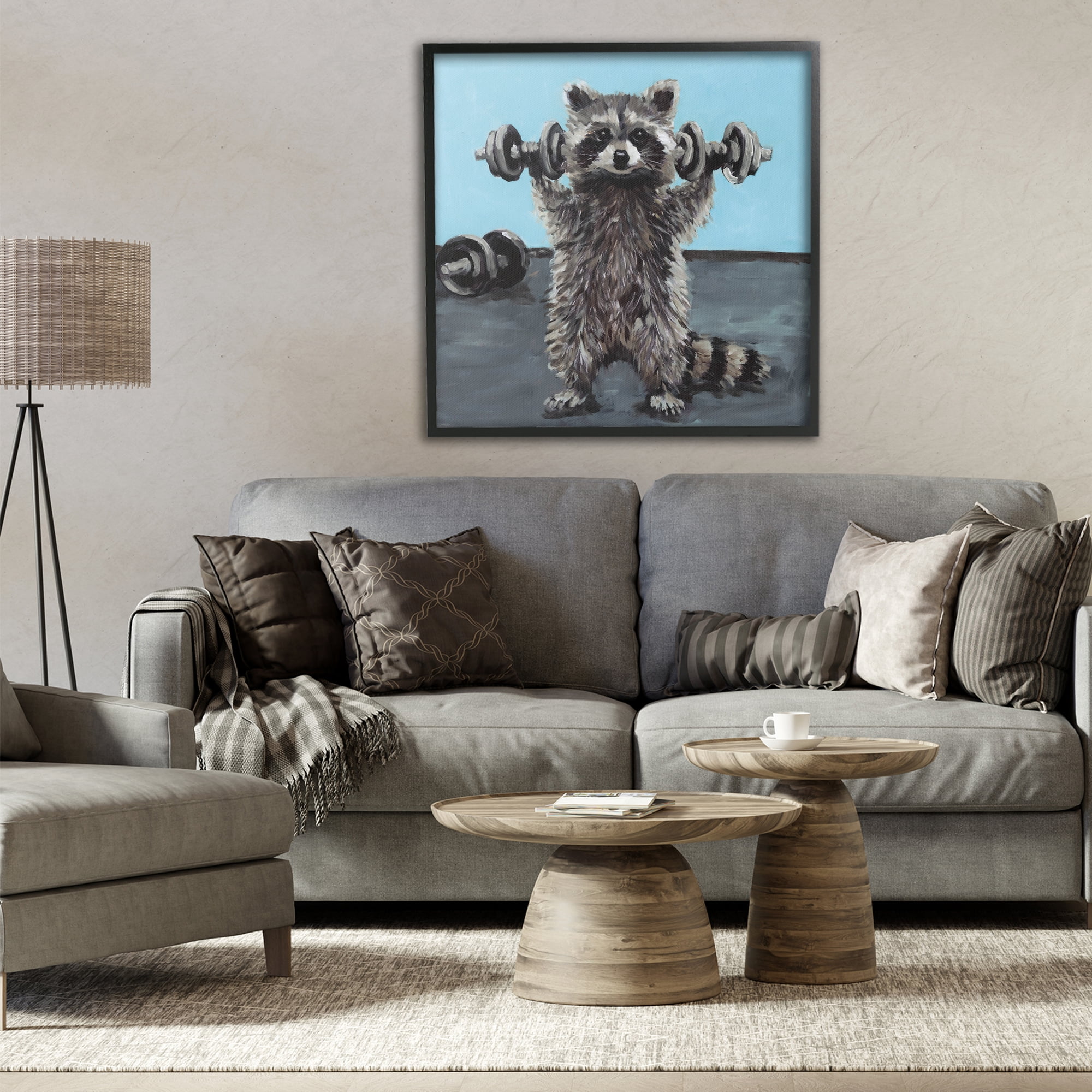 Fitness Raccoon with Weights Black Framed Giclee Art, design by Studio Bautista