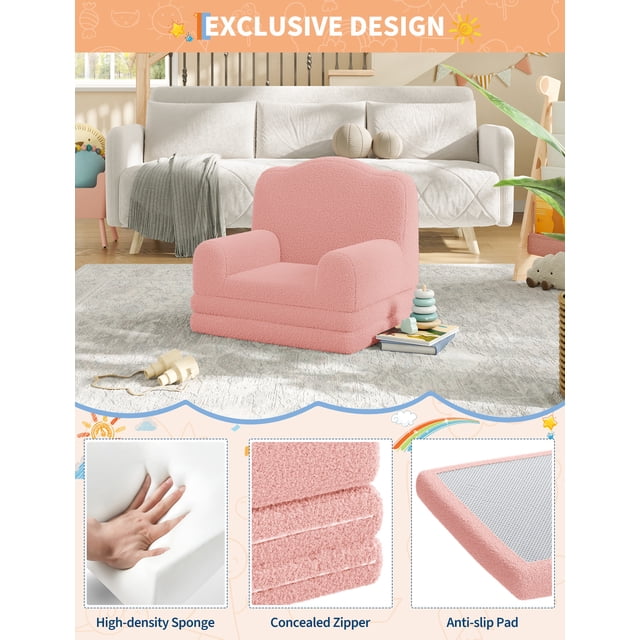 QinaQin Sofá infantil 2 en 1 convertible a chaise, con cierres ocultos, base antideslizante y empaque al vacío para fácil instalación, ideal para descanso, lectura y juego