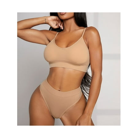Women s Basic Ribbed Knit Bra and Panty Lingerie Set Seamless thin hang bra with thong SKIN S