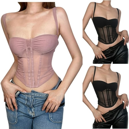 Brondbend Womens Tank Tops Crew Neck Sleeveless Solid Color Soft Tank Tops Camisole Sexy Lace Corset Belt Waist Corset Mesh Open Cup Lace Up Boned Tank Top Women Clothing for Gym Skinny Fit Black L