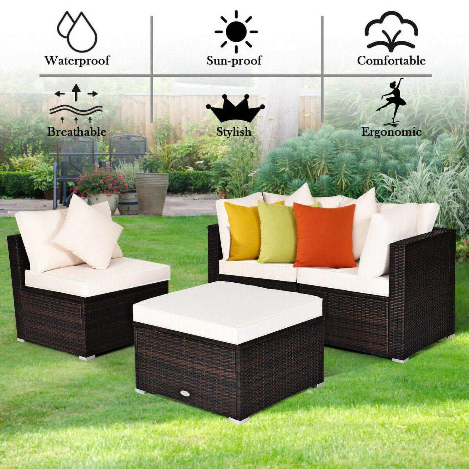Aimee Lii 4 Pcs Ottoman Garden Deck Patio Rattan Wicker Furniture Set Cushioned Sofa, Outdoor Deck Furniture, White Aimee Lii 4 Pcs Ottoman Garden Deck Patio Rattan Wicker Furniture Set Cushioned Sofa, Outdoor Deck Furniture, White