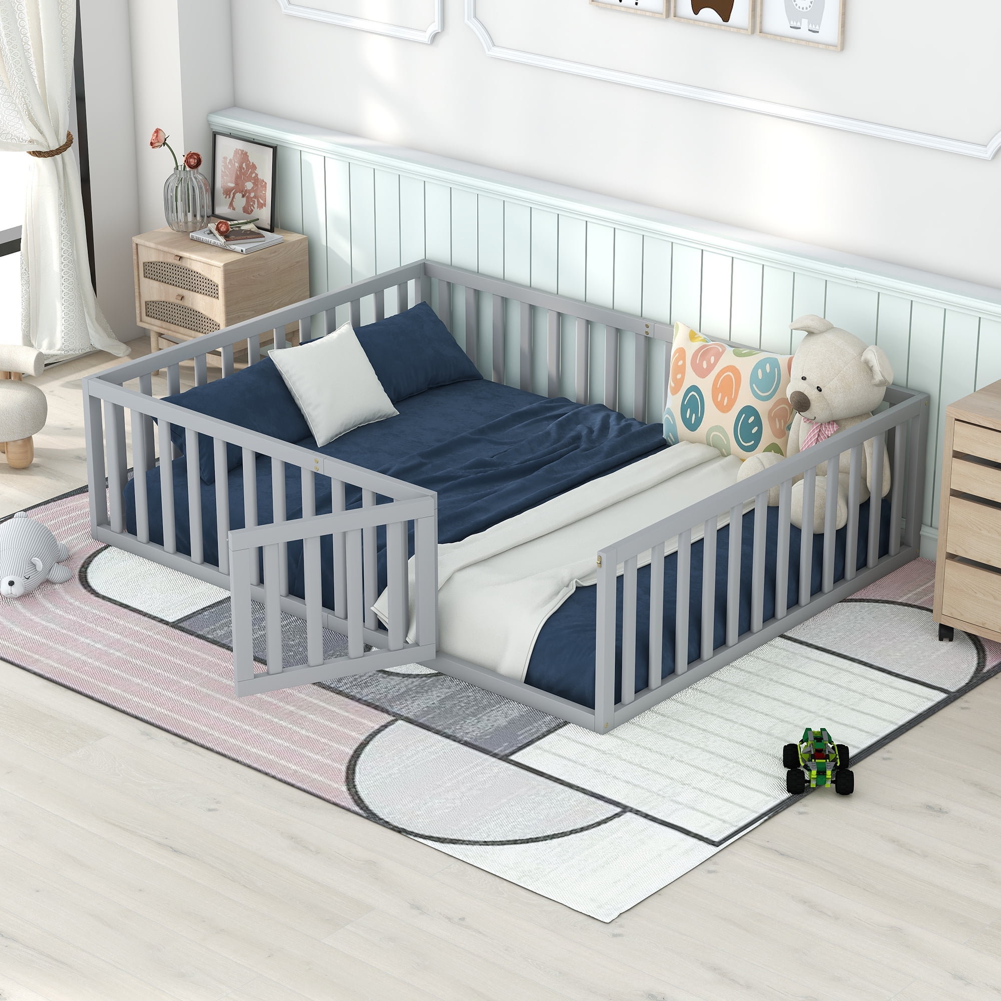 Queen Size Kids Floor Bed with Fence,Wood Montessori Bed Frame with