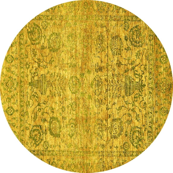 Ahgly Company Machine Washable Indoor Round Oriental Yellow Traditional Area Rugs, 4' Round