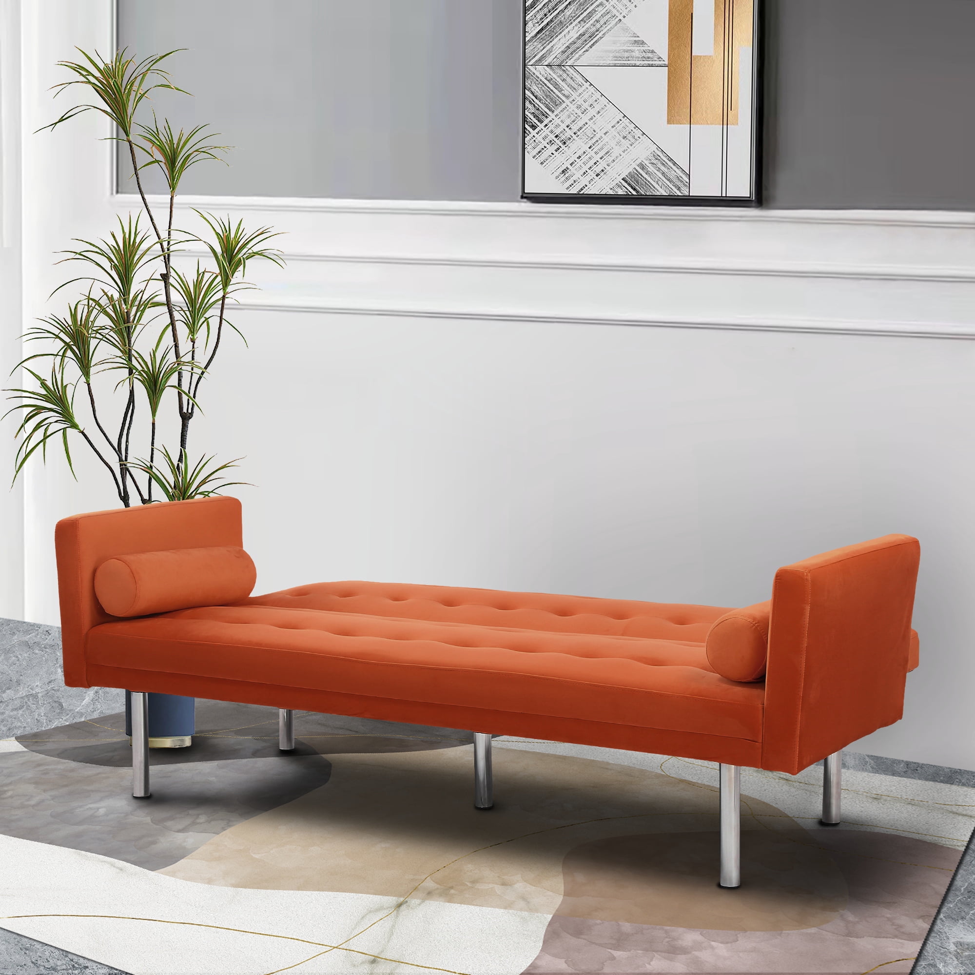 DEALTOPS Velvet Futon Sofa Bed Upholstered Convertible Sofa Couch, Recliner Modern Tufted Back Couch Lounge for&nbsp;Living Room - Orange