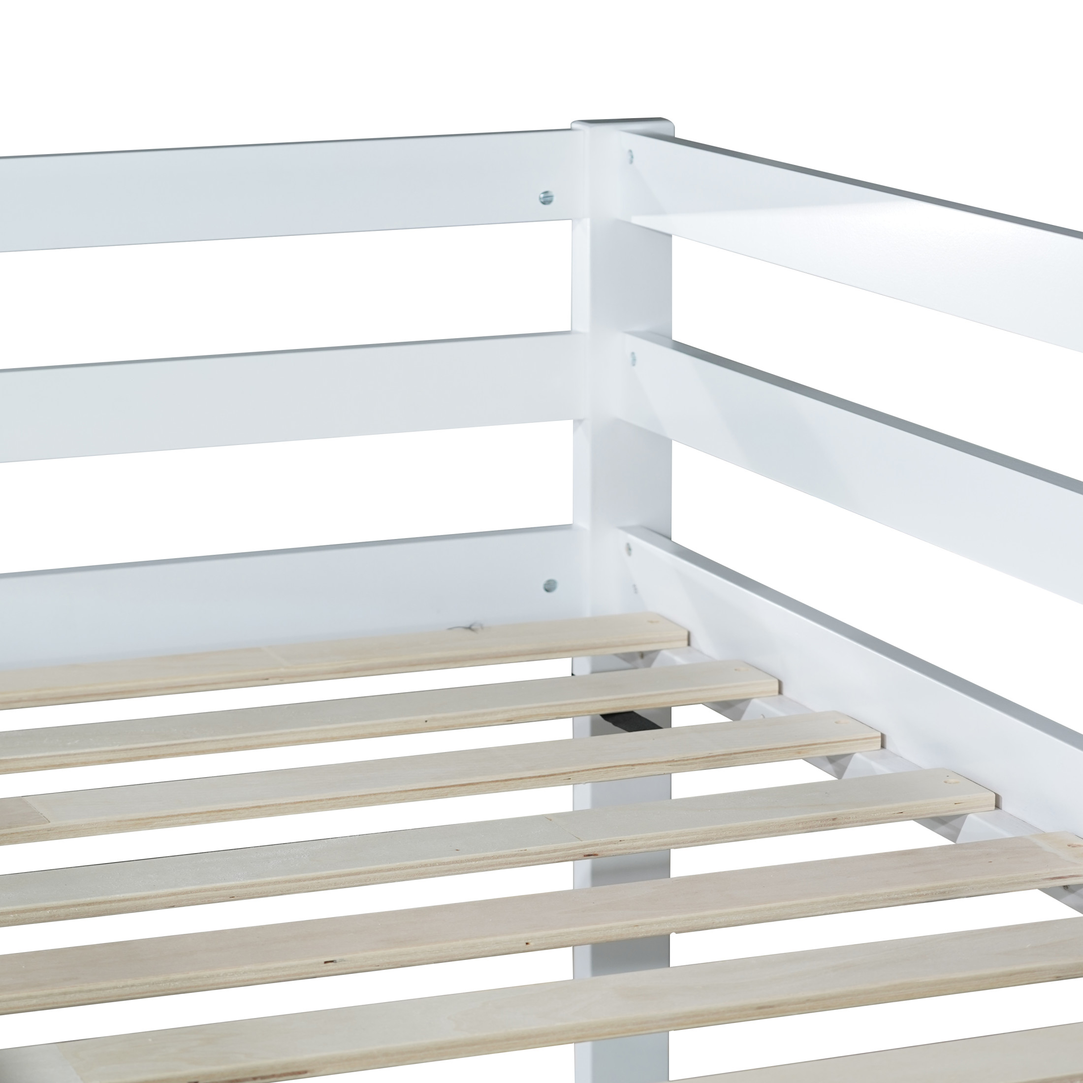 Noble House Alina Twin Over Twin Floor Bunk Bed with Ladder, Solid Rubber Wood Frame with Strengthened Slats, White