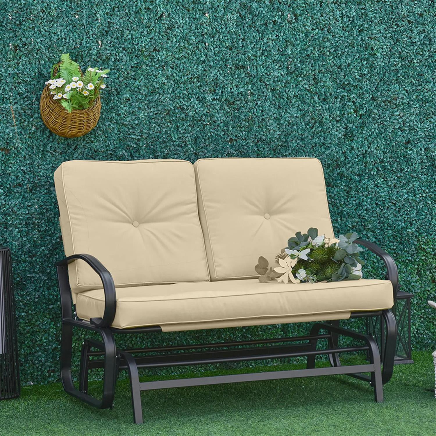 Demi Bonn Outdoor Glider Bench, 2-Person Patio Rocker Loveseat with Tufted Cushions, Steel Frame, Outdoor Glider Chairs for Porch, Garden Backyard, Beige