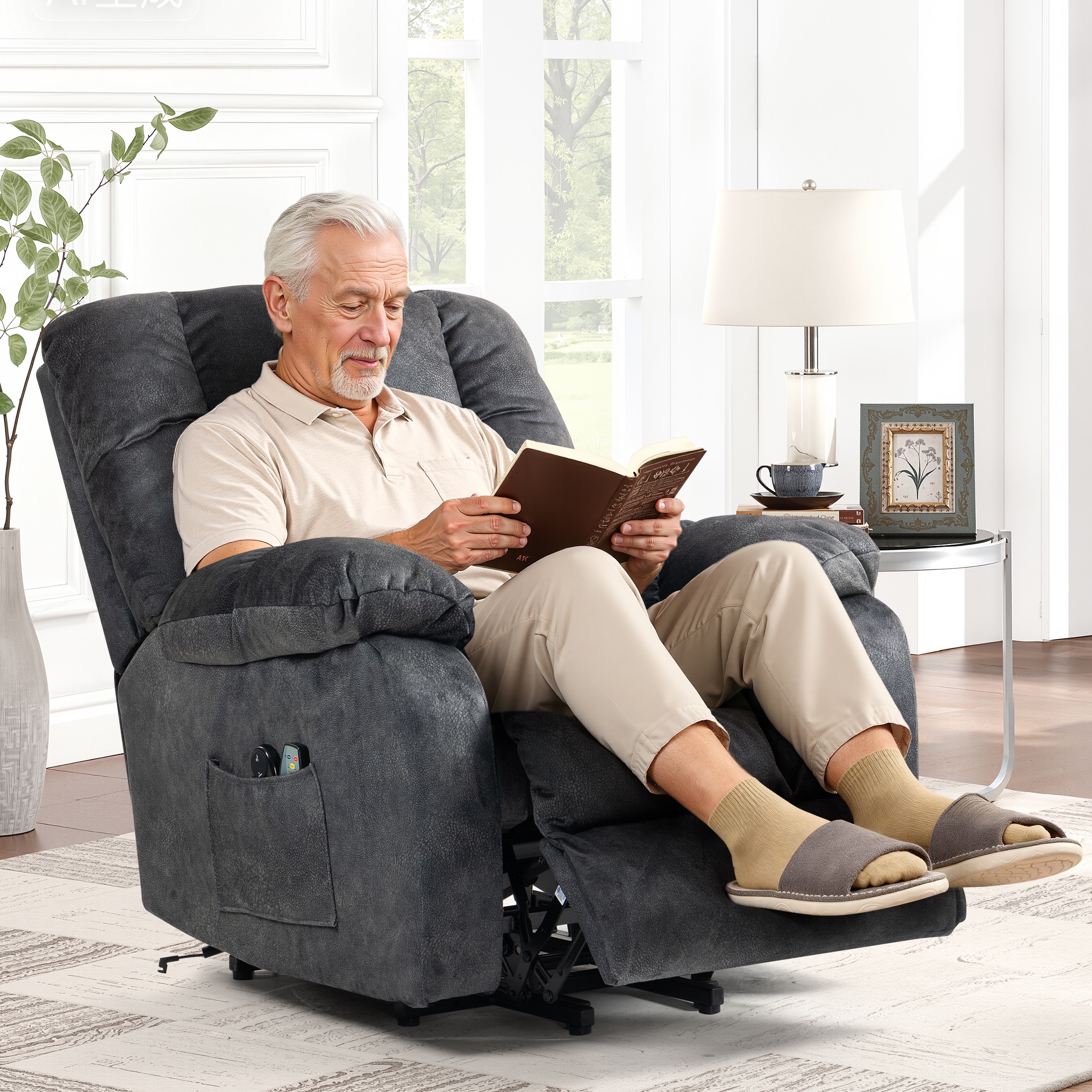 PAPROOS Recliner Chair, Electric Power Lift Recliner with Heat Therapy and Massage Function, Large Size Lift Chair with Remote and Side Pocket, Oversized Power Reclining Sofa, Gray Blue